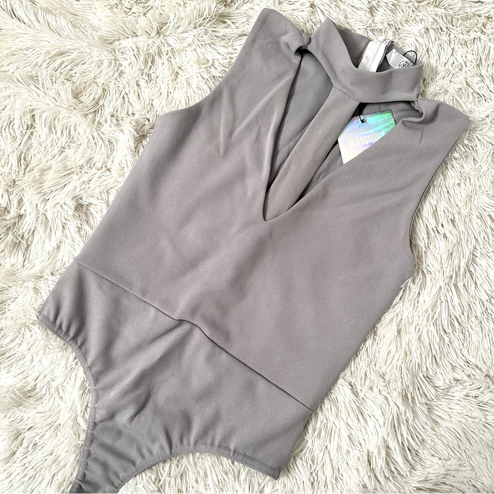 Missguided Grey Harness Tab Neck Bodysuit 4 Small S